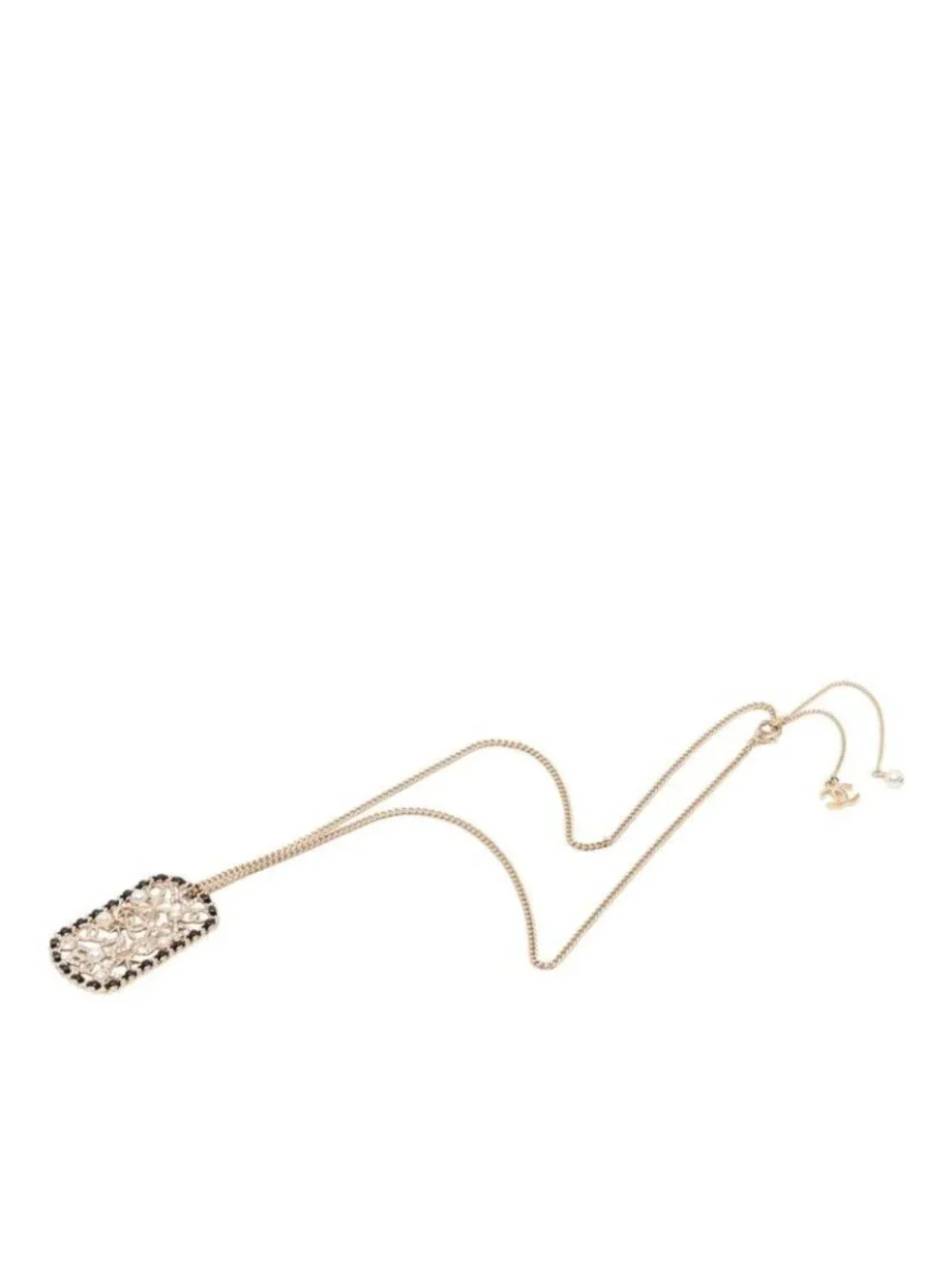 Chanel CC Logo Clover Camellia Chain Necklace Gold Black Plated Faux Pearl